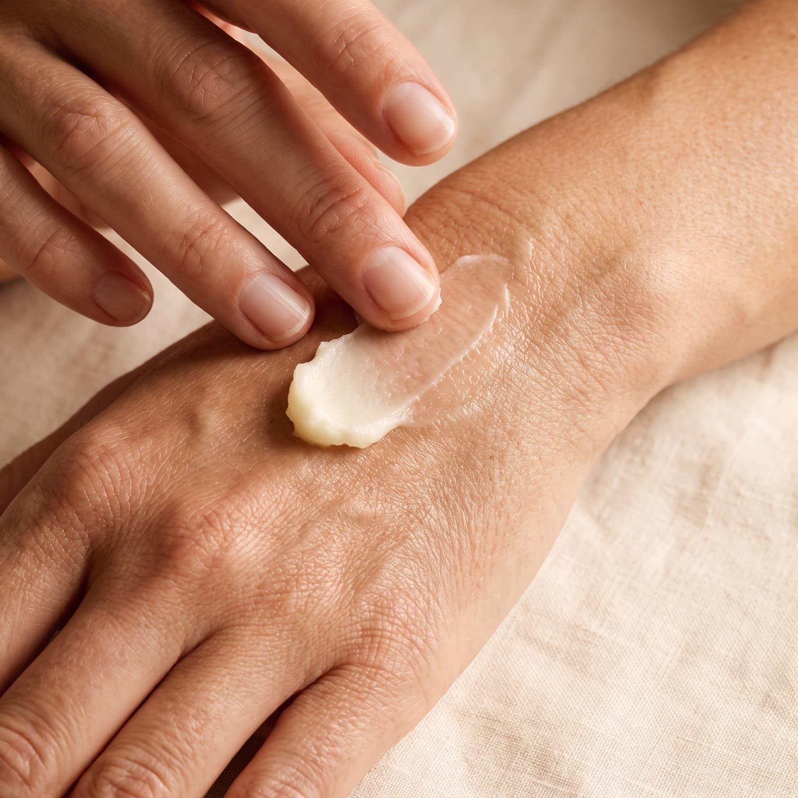 Tallow balm being smoothed onto the back of a hand